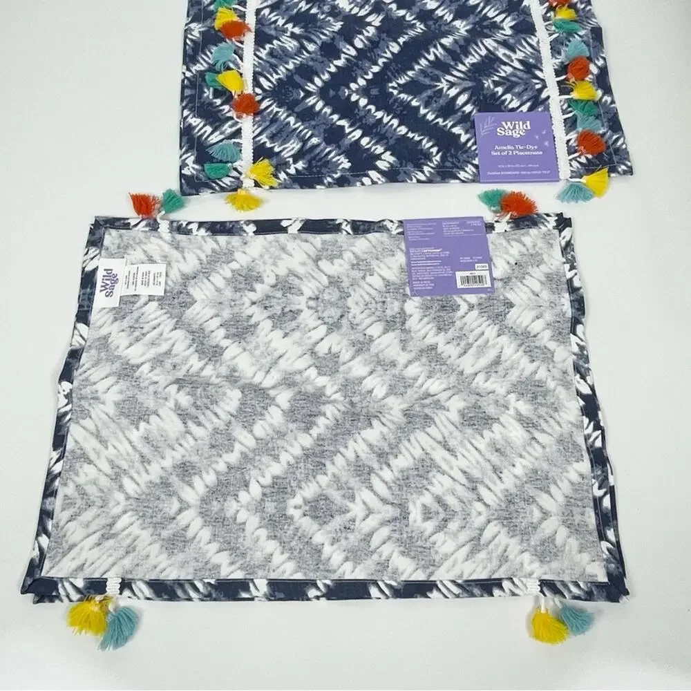 NWT Wild Sage Amelia Indigo Tie Dye Tassel Placemats Set of 4